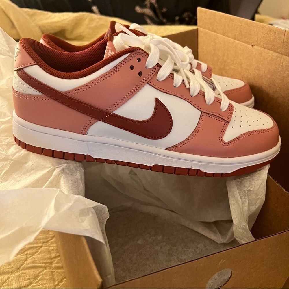 NIKE Dunk Low Panda Sneakers- White/Red Stardust/ Rugged Orange, Size W10.5/M9